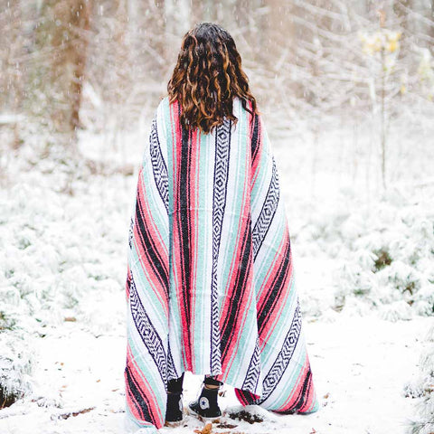 Seafoam Green and Coral Mexican Falsa Blanket